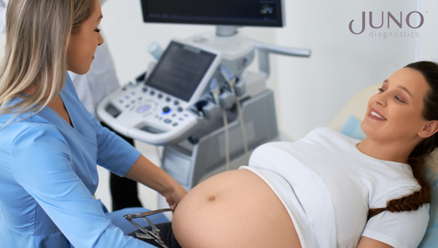 A pregnant woman meeting her OB/GYN to perform prenatal tests